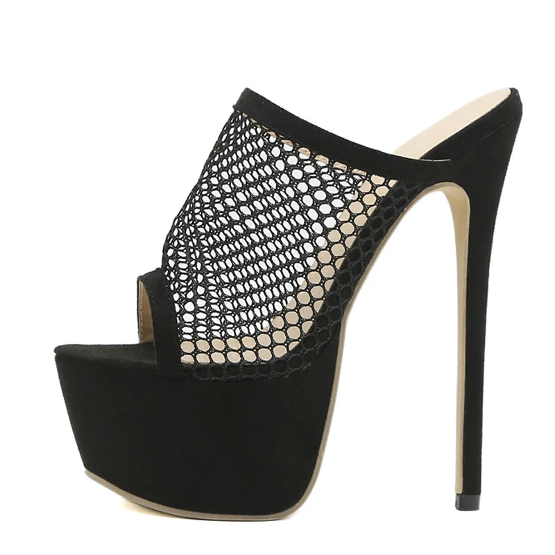 Liyke 2025 Peep Toe Platform Heels Black Mesh Summer Sandals Women’s Party Shoes