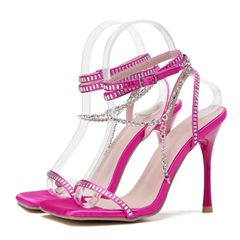 2024 New Crystal Chain Ankle Strap Square Toe Rhinestone High Heel