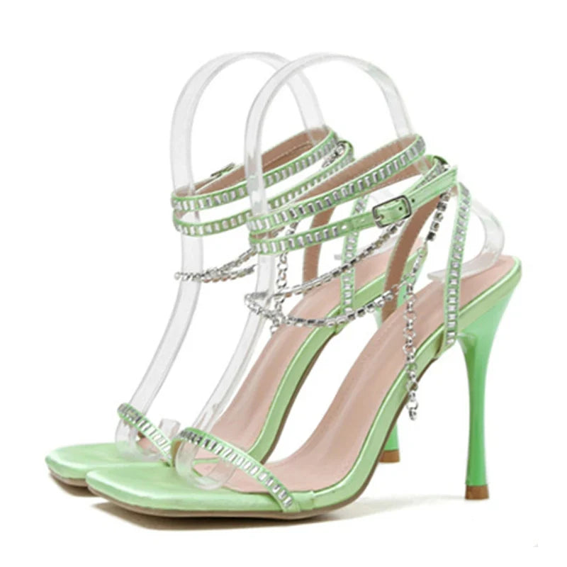2024 New Crystal Chain Ankle Strap Square Toe Rhinestone High Heel