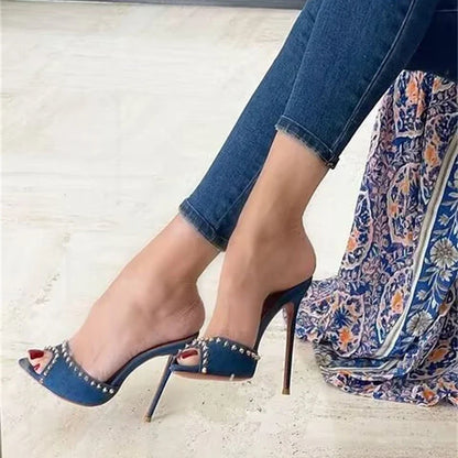 Trendy Summer Fashion Metal Rivet Designer High Heel Mules High Heel