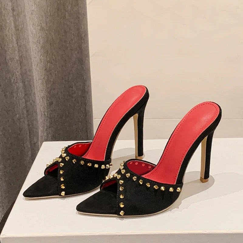 Trendy Summer Fashion Metal Rivet Designer High Heel Mules High Heel
