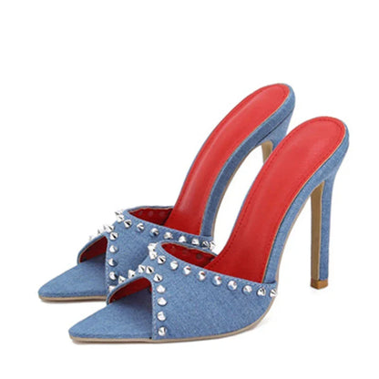 Trendy Summer Fashion Metal Rivet Designer High Heel Mules High Heel
