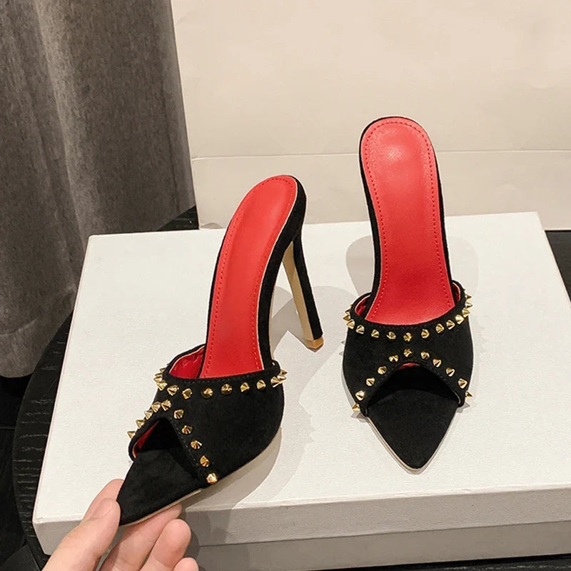 Trendy Summer Fashion Metal Rivet Designer High Heel Mules High Heel