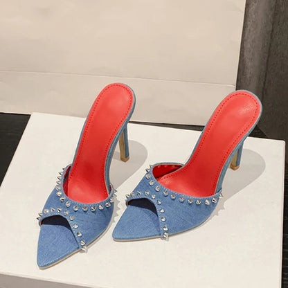 Trendy Summer Fashion Metal Rivet Designer High Heel Mules High Heel