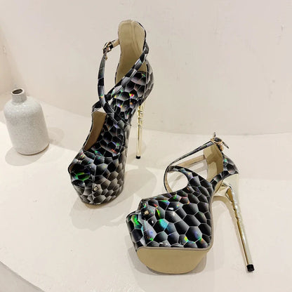 2024 Summer Platform High Heel Snake Print Peep Toe High Heel