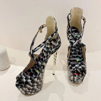 2024 Summer Platform High Heel Snake Print Peep Toe High Heel