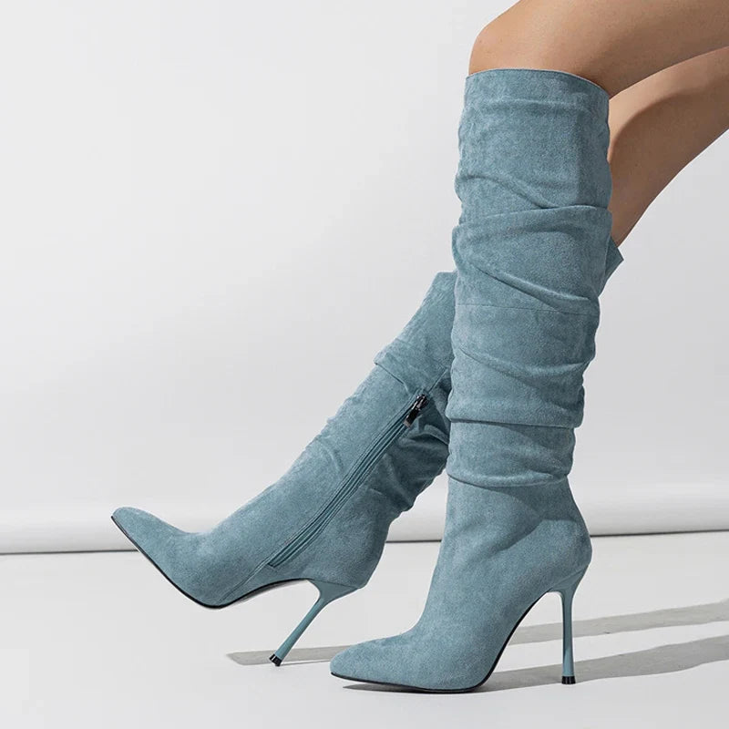Stylish Autumn Winter Pleated Denim Knee High Pointed Toe High Heel