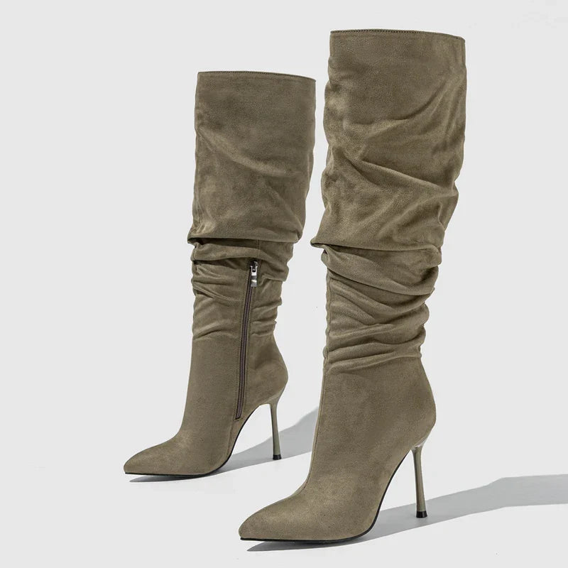 Stylish Autumn Winter Pleated Denim Knee High Pointed Toe High Heel