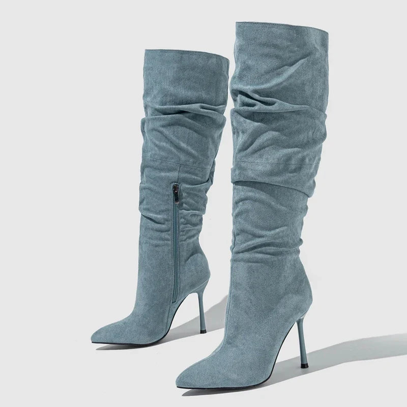Stylish Autumn Winter Pleated Denim Knee High Pointed Toe High Heel