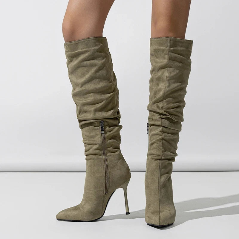 Stylish Autumn Winter Pleated Denim Knee High Pointed Toe High Heel