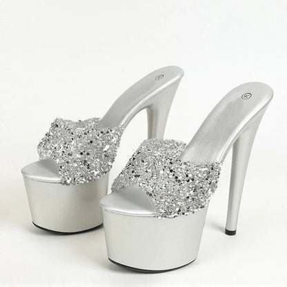 Black Red High Heel Sequined PVC Transparent Peep Toe High Heel