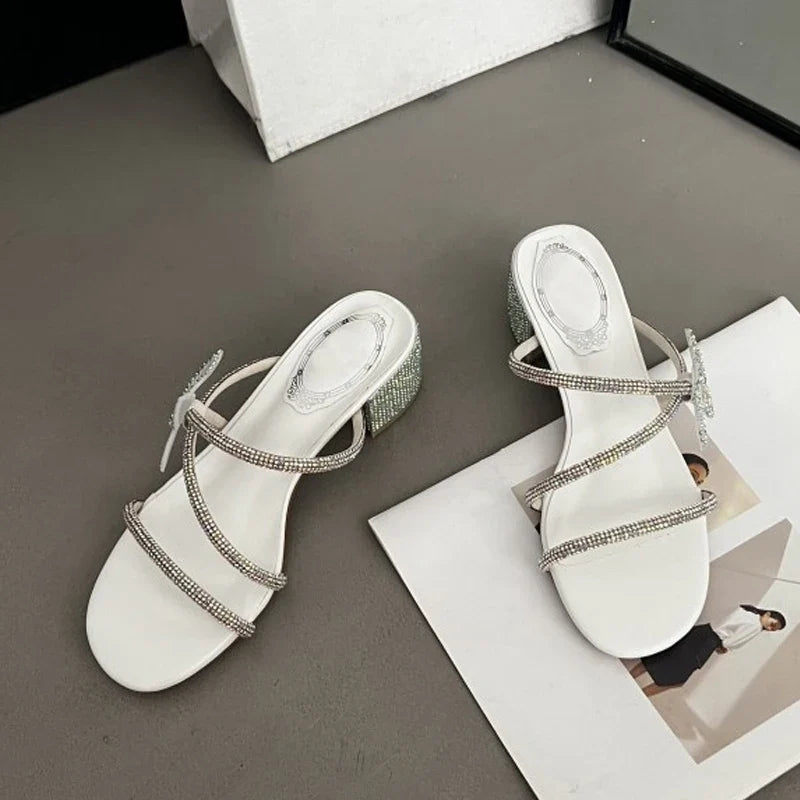 Stylish Glitter Rhinestones Bowknot Crystal Low Heels High Heel