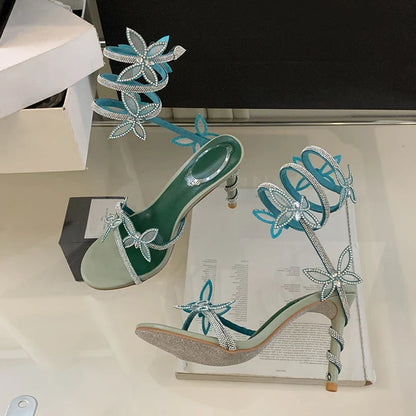 Designer Green Gladiator Rhinestone Butterfly Ankle Strap High Heel