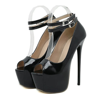Trendy Double Buckle Strap Platform Peep Toe Super High Heel High Heel