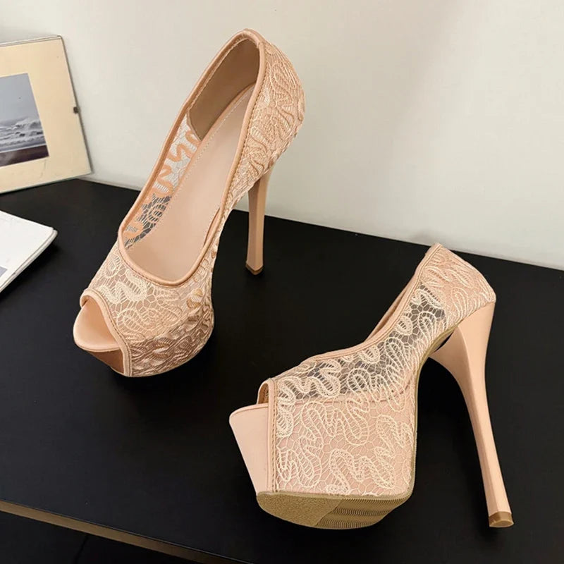 Stylish Fashion Design Embroidery Mesh Slingback Peep Toe High Heel