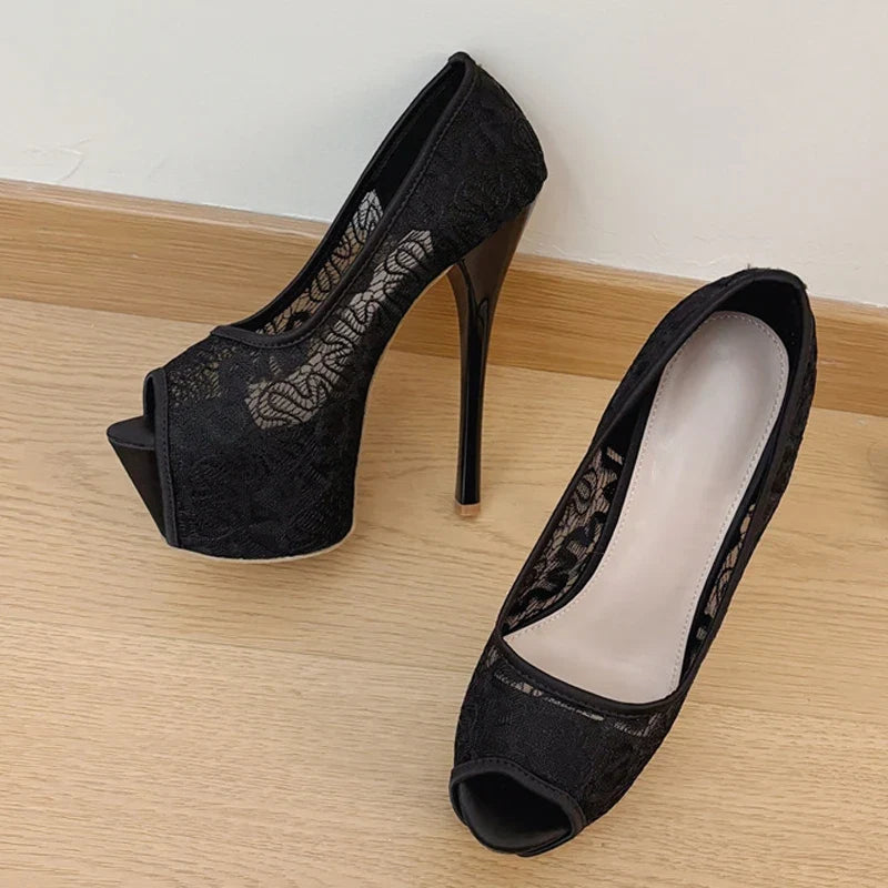 Stylish Fashion Design Embroidery Mesh Slingback Peep Toe High Heel