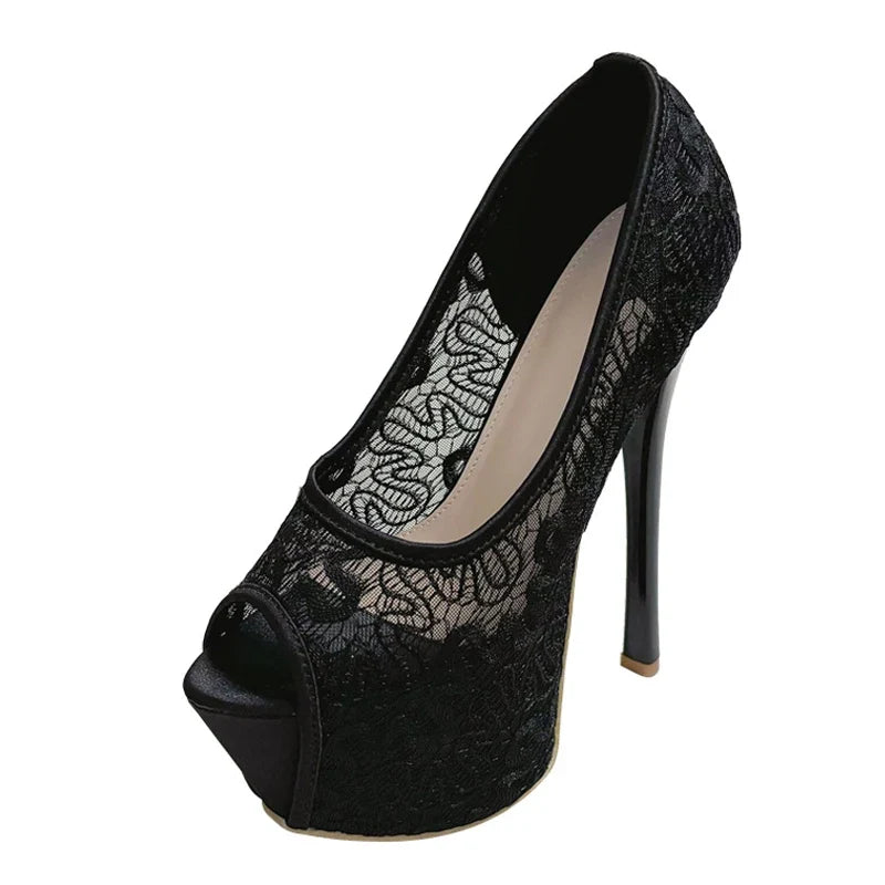 Stylish Fashion Design Embroidery Mesh Slingback Peep Toe High Heel