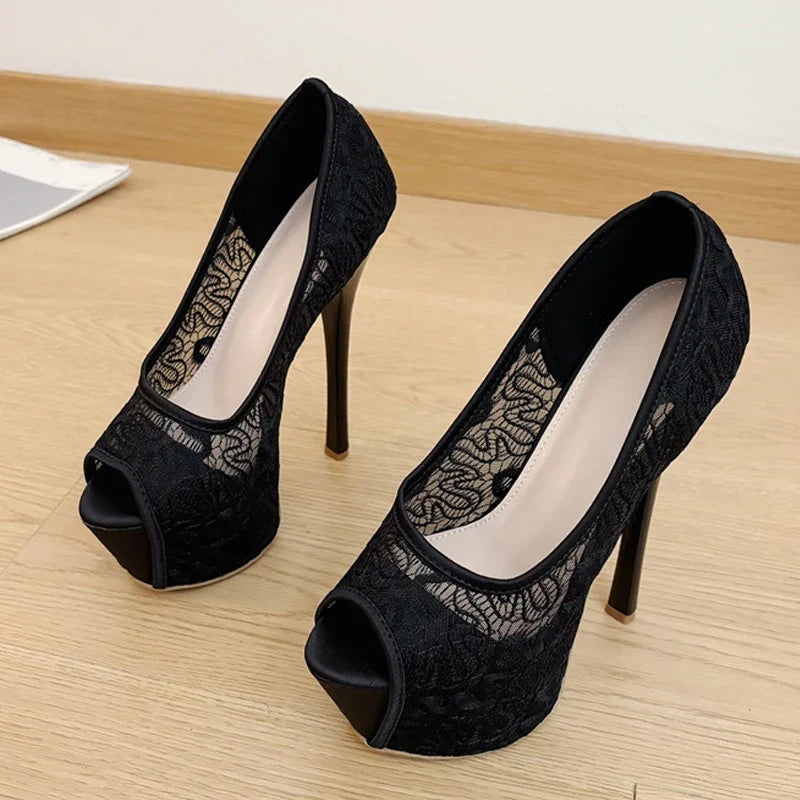 Stylish Fashion Design Embroidery Mesh Slingback Peep Toe High Heel