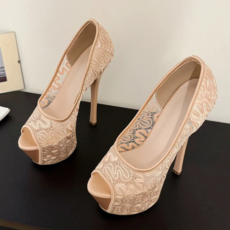 Stylish Fashion Design Embroidery Mesh Slingback Peep Toe High Heel