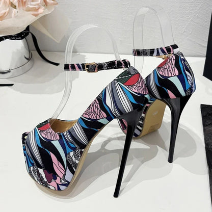 Trendy Hand-Painted Leather Platform Peep Toe Strip High Heel