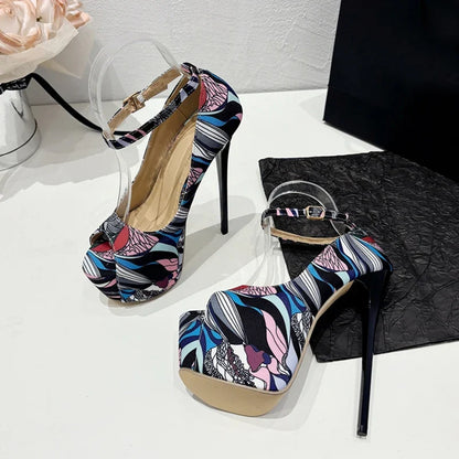 Trendy Hand-Painted Leather Platform Peep Toe Strip High Heel