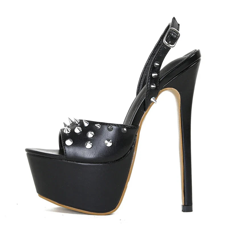 Fashion Design Metal Rivet Back Buckle Strap Peep Toe High Heel