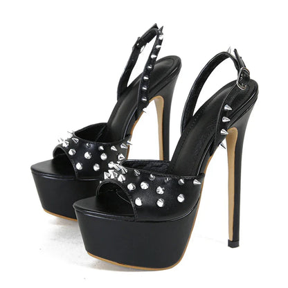 Fashion Design Metal Rivet Back Buckle Strap Peep Toe High Heel