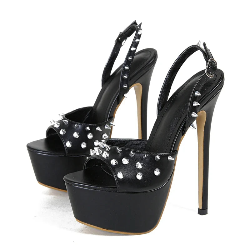 Fashion Design Metal Rivet Back Buckle Strap Peep Toe High Heel