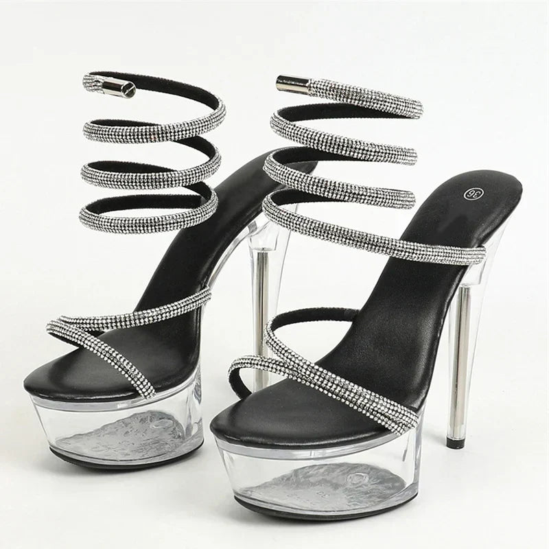 Elegant Rhinestone Ankle Snake Twine Around Platform High Heel