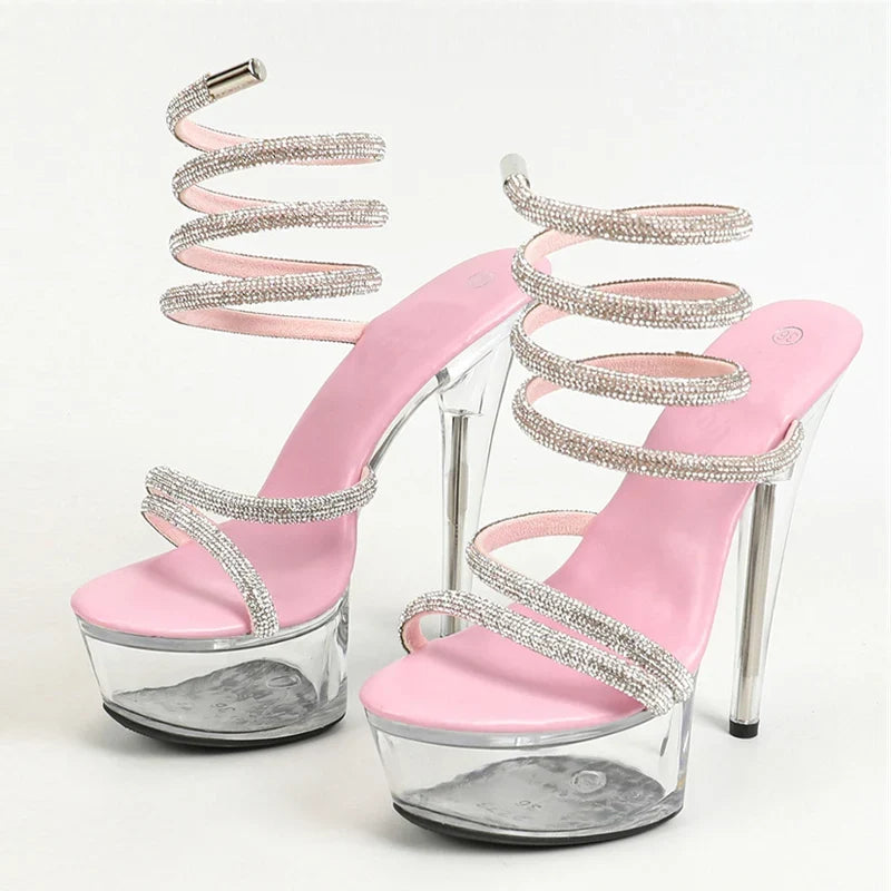 Elegant Rhinestone Ankle Snake Twine Around Platform High Heel