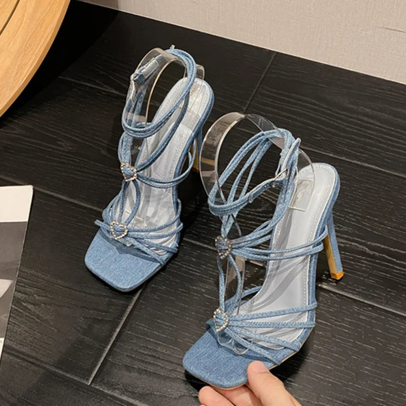 Fashionable Rhinestone Buckle Narrow Band Thin High Heel High Heel