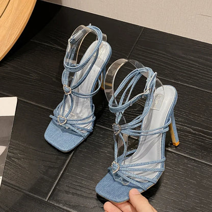 Fashionable Rhinestone Buckle Narrow Band Thin High Heel High Heel