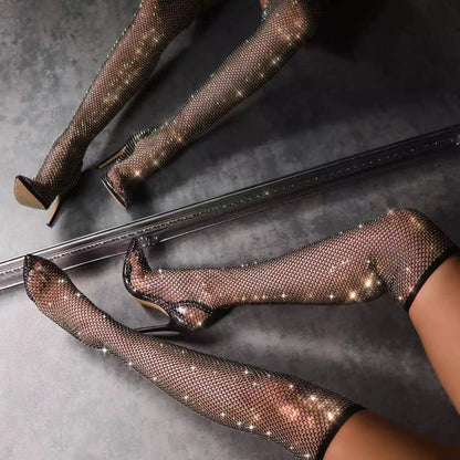 Fashionable Rhinestone Fishnet Mesh Over-The-Knee Pointed Toe High Heel