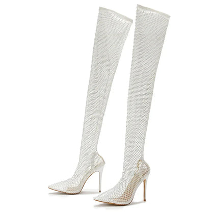 Fashionable Rhinestone Fishnet Mesh Over-The-Knee Pointed Toe High Heel