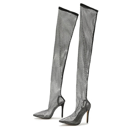Fashionable Rhinestone Fishnet Mesh Over-The-Knee Pointed Toe High Heel