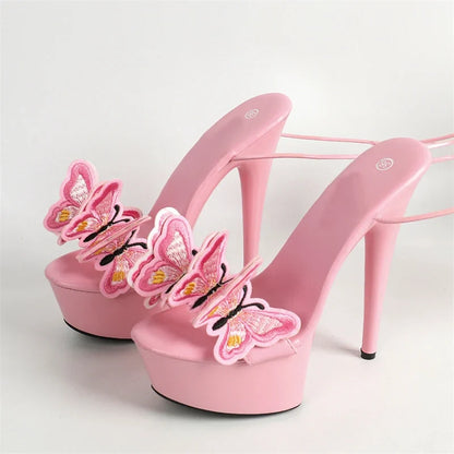 Handmade Embroidery Butterfly Cross Ankle Strap Open Toe High Heel