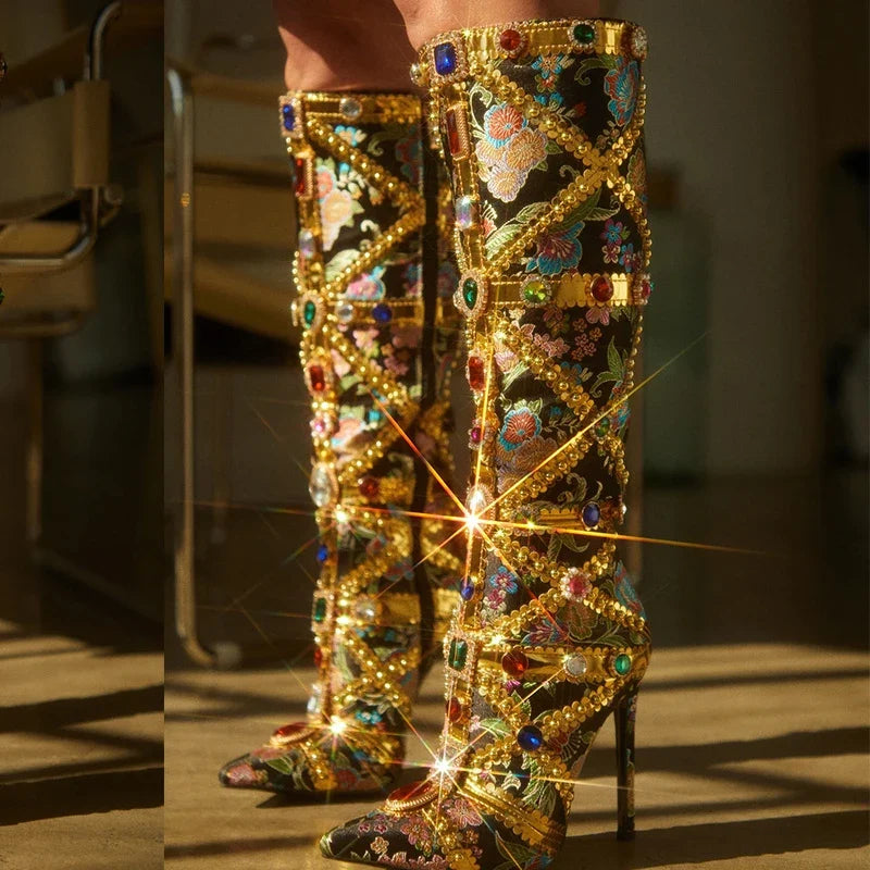 Runway Fashion Color Gem Knee High Handwork Pointed Toe High Heel
