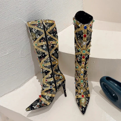 Runway Fashion Color Gem Knee High Handwork Pointed Toe High Heel