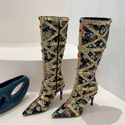 Runway Fashion Color Gem Knee High Handwork Pointed Toe High Heel
