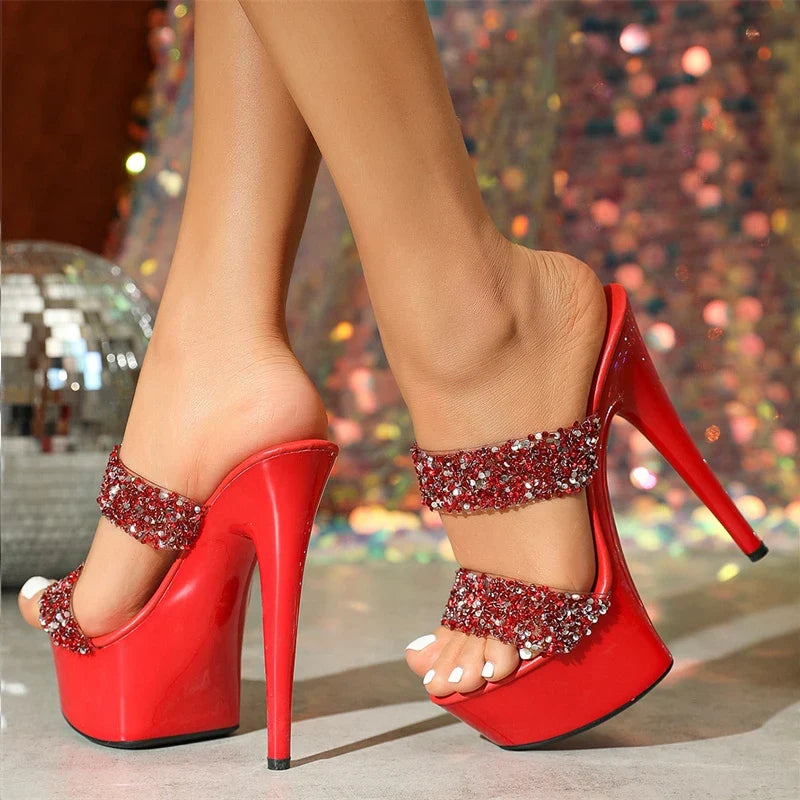 Glamorous Runway Style Super High Heel Silver Sequined Summer Party High Heel