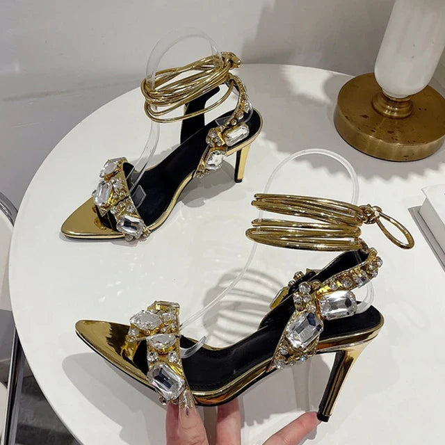 Ankle Strap Golded High Quality Crystal Diamond Wedding High Heel