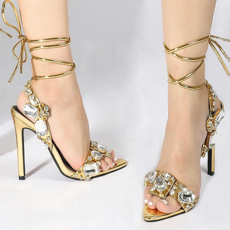 Ankle Strap Golded High Quality Crystal Diamond Wedding High Heel
