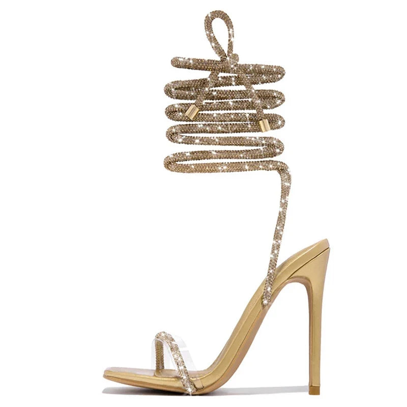 Gold Crystal Ankle Cross Strap Summer Party High Heel