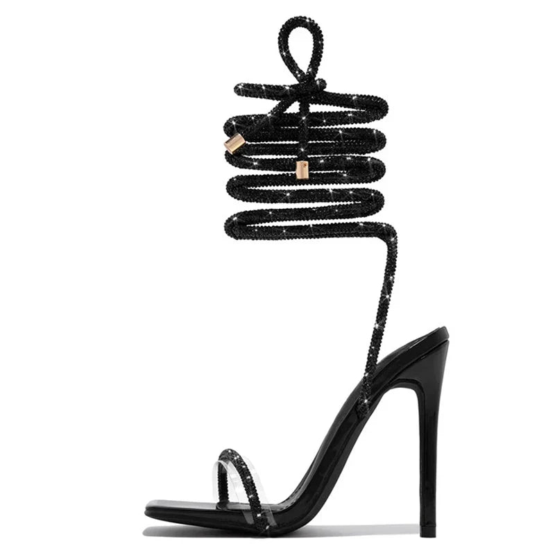 Gold Crystal Ankle Cross Strap Summer Party High Heel