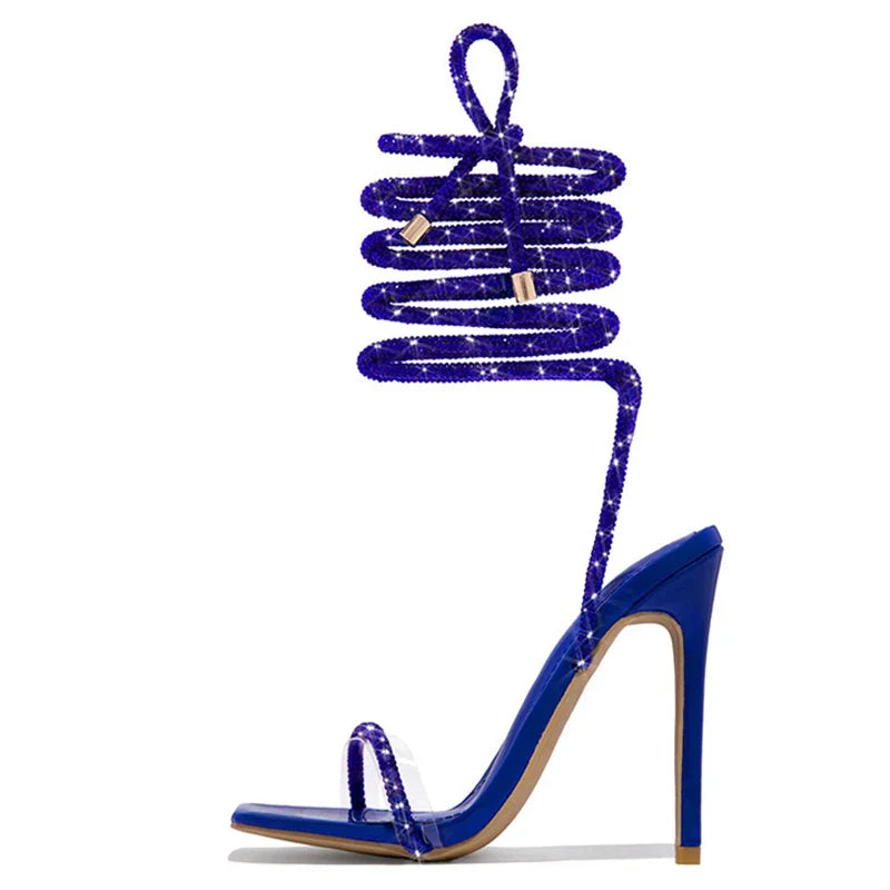 Gold Crystal Ankle Cross Strap Summer Party High Heel