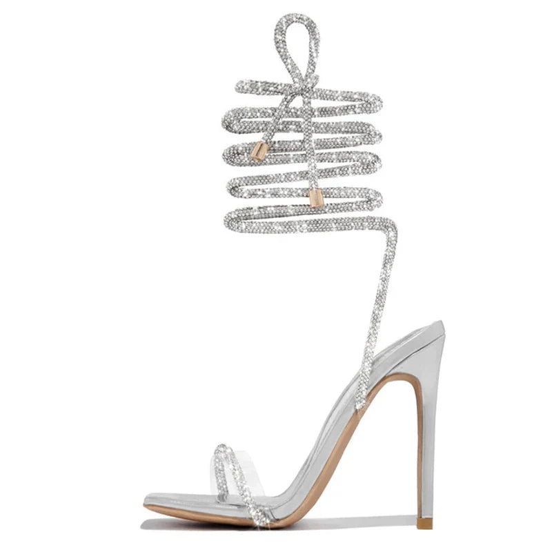Gold Crystal Ankle Cross Strap Summer Party High Heel