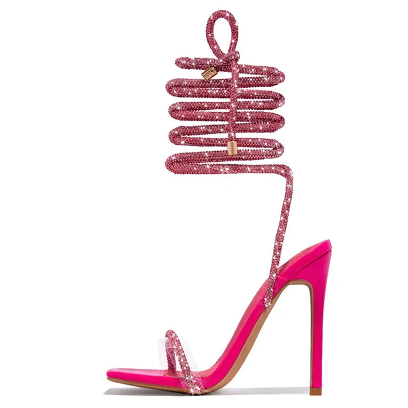 Gold Crystal Ankle Cross Strap Summer Party High Heel