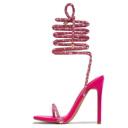 Gold Crystal Ankle Cross Strap Summer Party High Heel