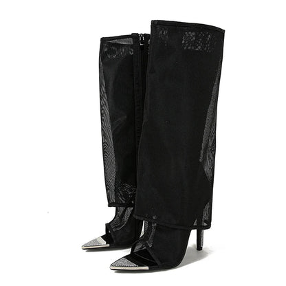 Metal Pointed Toe Black Mesh Knee High High Heel