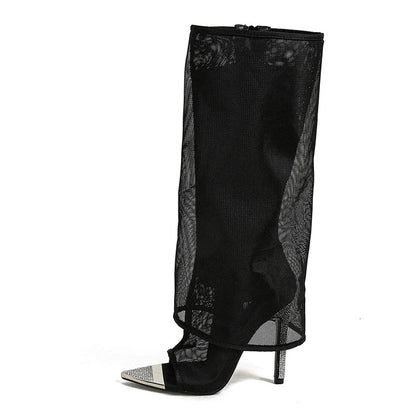 Metal Pointed Toe Black Mesh Knee High High Heel